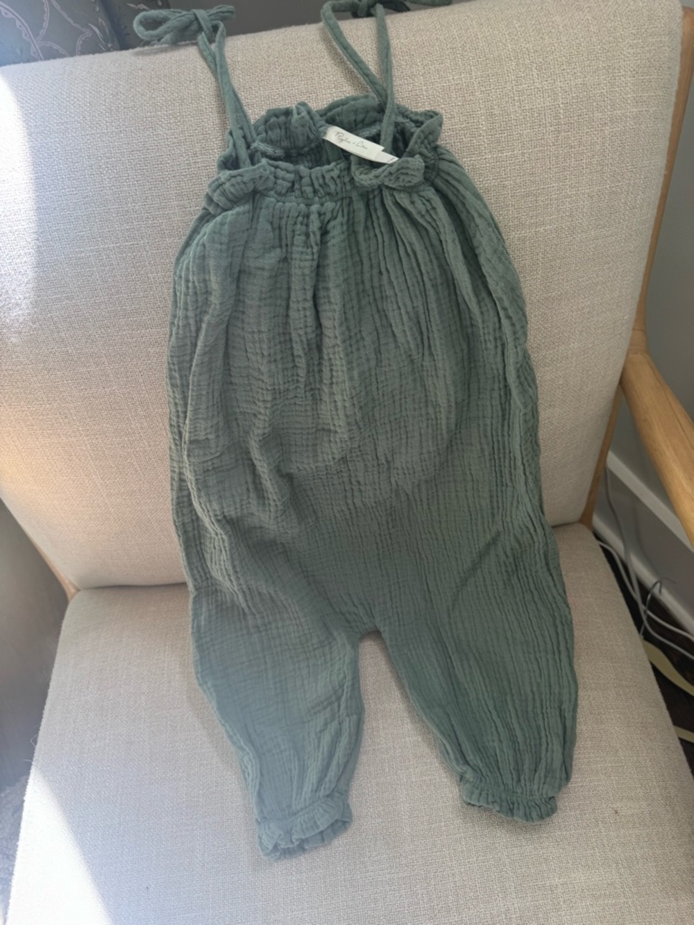 Rylee + Cru Sage Green Gauze Kids Romper with Tie Straps